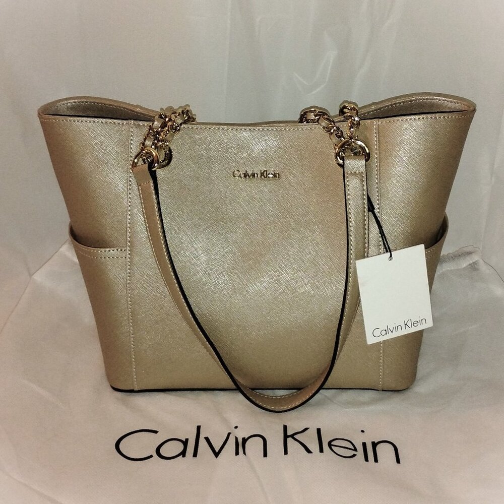 Calvin Klein Leather Tote - Gold Tone, Chain Handles